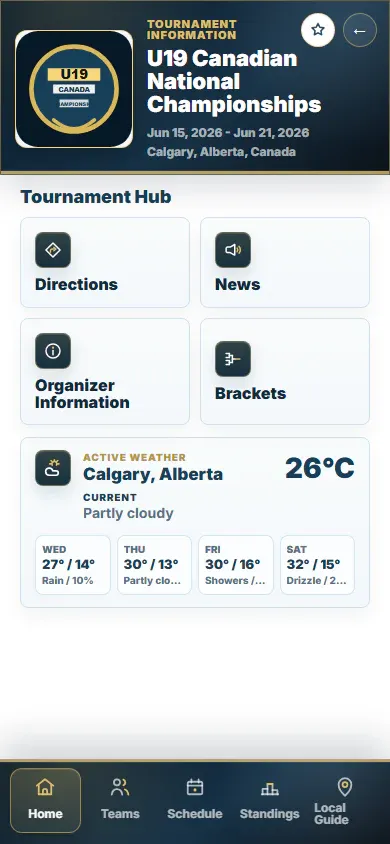 Real screenshot of the Elevate HQ fan app tournament hub: directions, news, organizer information, brackets, and live local weather